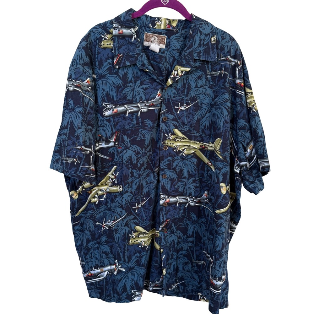 Kalaheo Hawaii WWII Airplane Aloha Shirt Men's XXL Blue Made USA Camp Tropical‎